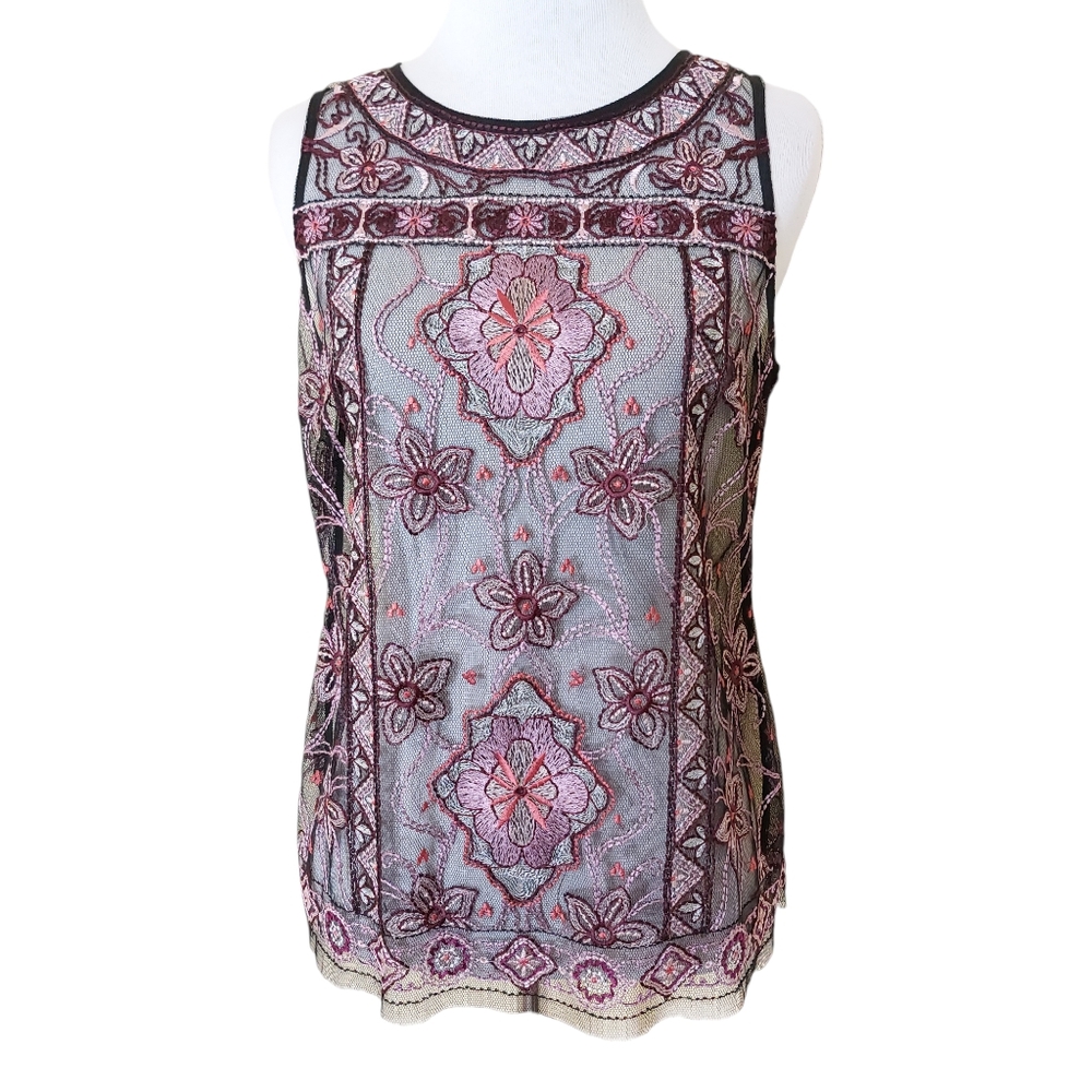 White House Black Market Floral Embroidered Sheer Mesh Elegant Tank Top Blouse